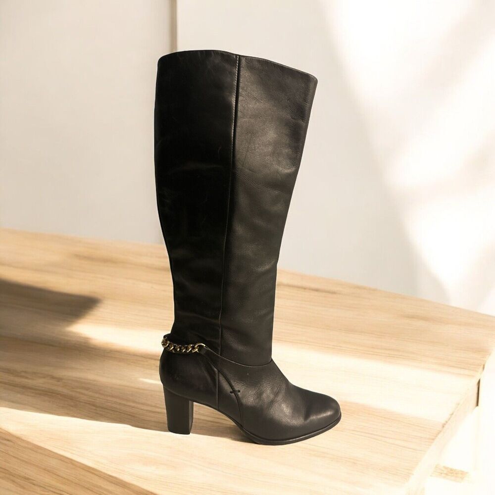 Johnston and Murphy Knee High Tall Leather Black Calfskin Gold Chain Boot 8.5